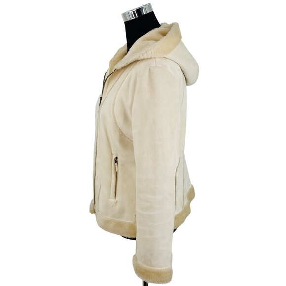 Vtg Y2K Hydraulic Hooded Cream Faux Suede & Fur Lined Penny Lane Coat | Boho Lg - Picture 13 of 16